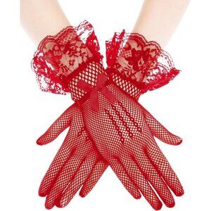 Women's Elegant Wine Red Short Bow Style Lace Gloves Dinner Wedding Party Prom